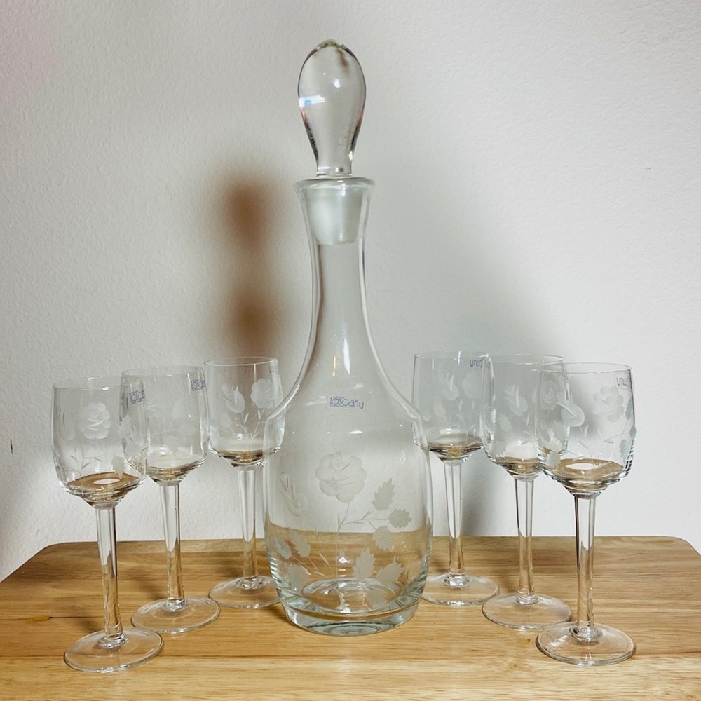 NWT Vintage Toscany Crystal Rose Etched 7 Piece Decanter and Wine Glass Set